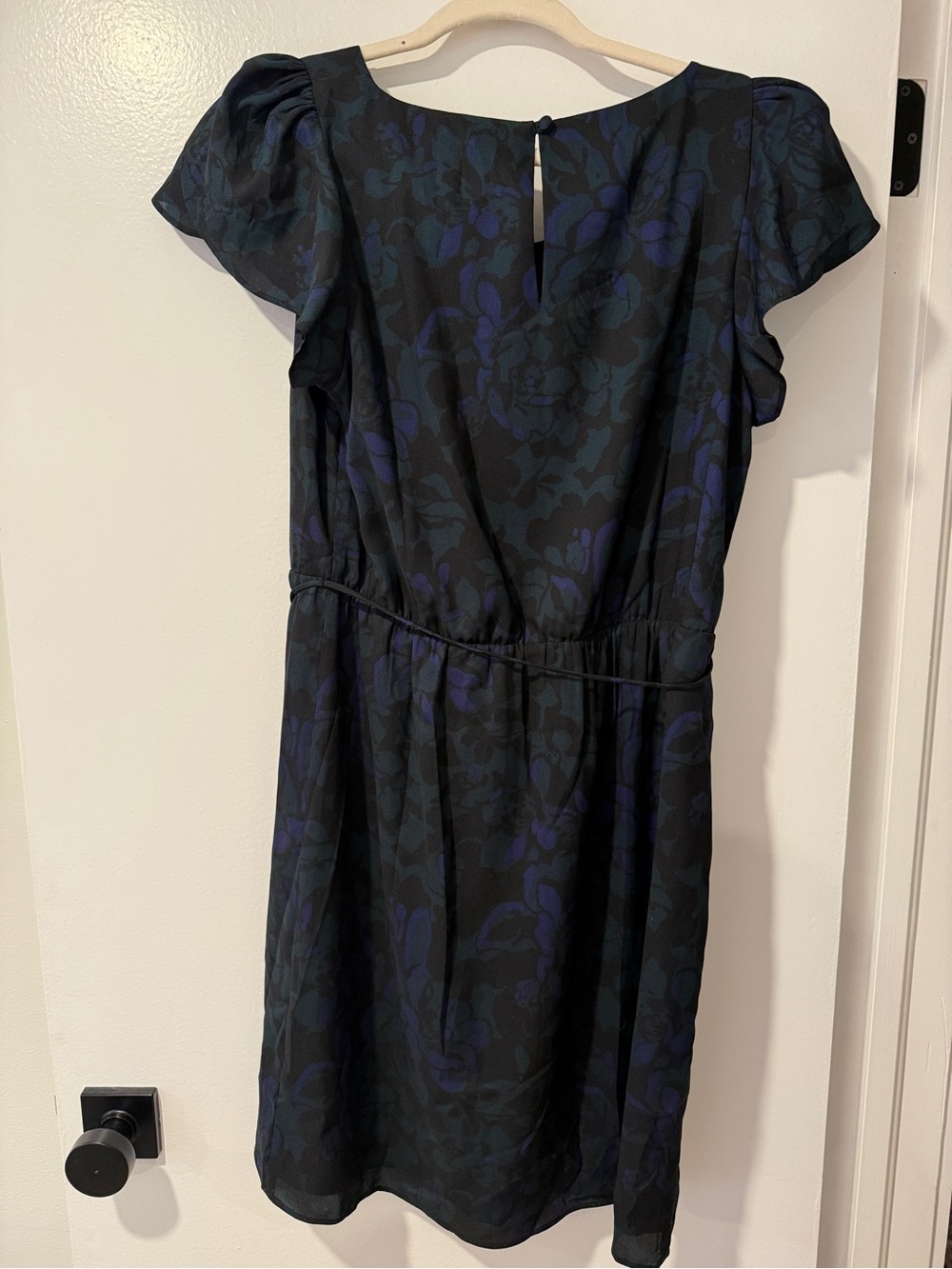 LOFT Black Midi Dress with Dark Blue Floral Print